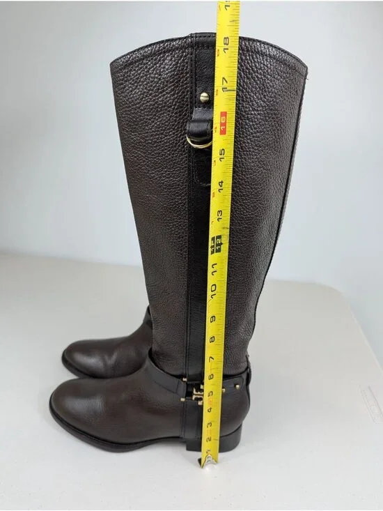 Tory Burch Elina Riding boots brown leather gold tone logo turnblock size 8.5 - Picture 5 of 10